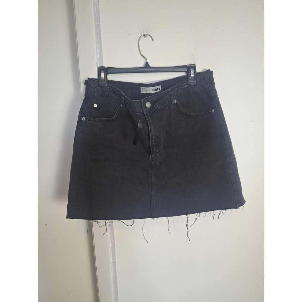 Topshop MOTO Black Denim Mini Skirt Raw Hem Glitter Waistband Size 10